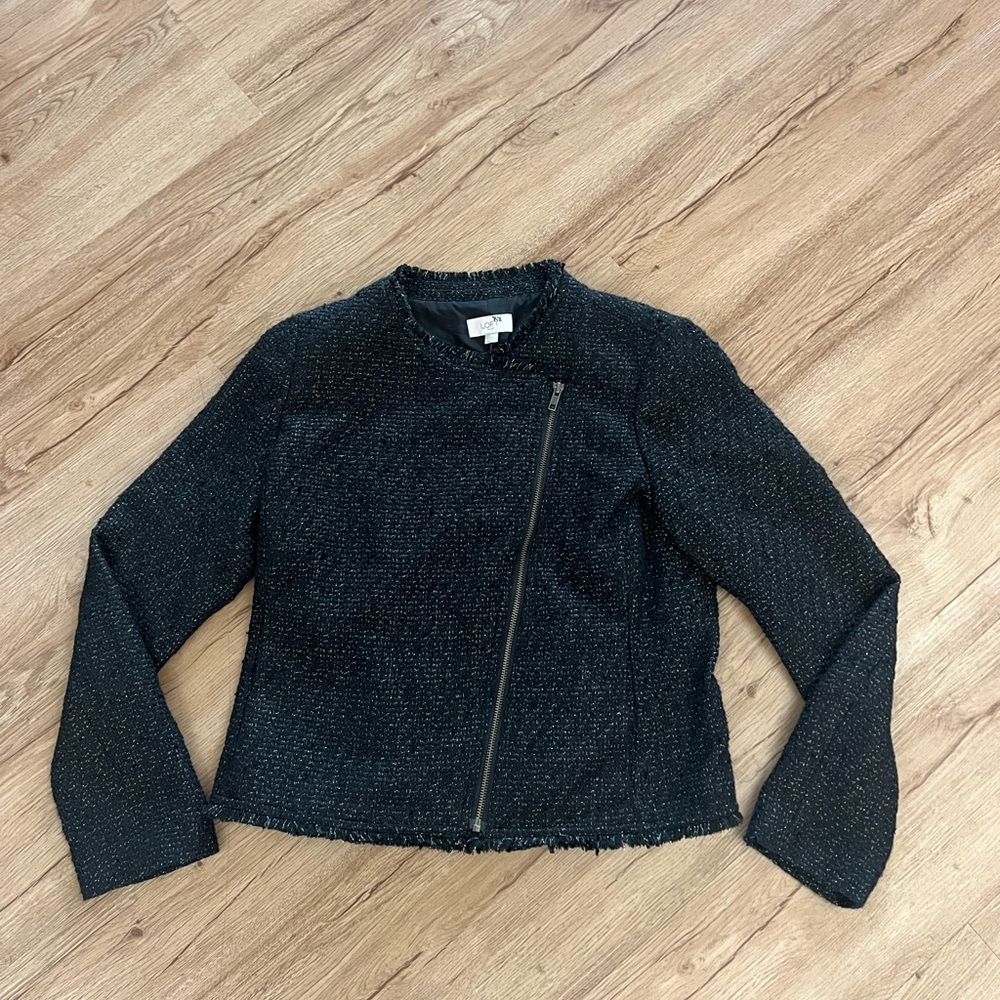 Ann Taylor Loft Black Gold Metallic Tweed Moto Blazer Jacket NWT